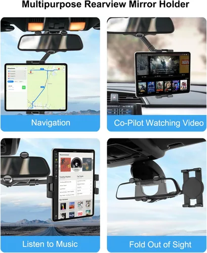 Vista 3 de Soporte para tableta de espejo retrovisor para automóvil, soporte para tableta de automóvil, clip universal giratorio de 360°, para iPad Pro Air