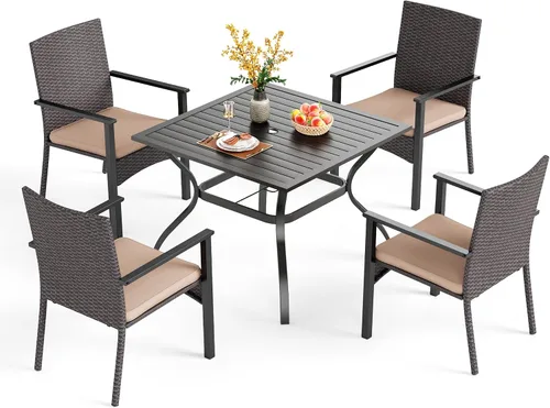 Vista 12 de PHI VILLA Juego de comedor al aire libre de 5 piezas para 4, mesa de comedor cuadrada de metal y sillas de mimbre de ratán con cojines, muebles