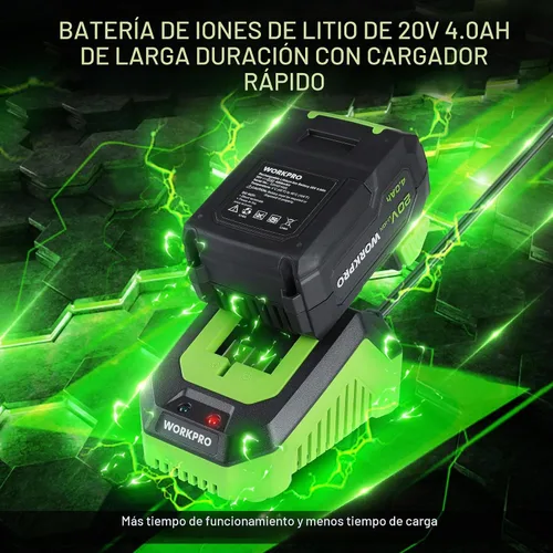 Vista 3 de WORKPRO Amoladora angular inalámbrica, amoladora sin escobillas de 20 V con batería de 4.0 Ah y cargador rápido, discos de 4-1/2 pulgadas, motor sin