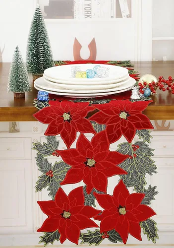 Vista 10 de GRANDDECO Camino de Mesa Navideño para Fiestas Campestres Bufandas de Tocador Bordadas con Flores de Nochebuena Navideñas Xmas para Casa Cocina Mesa