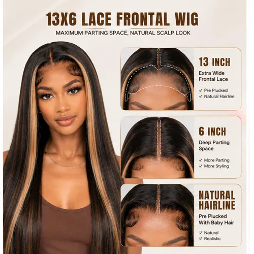 Vista 2 de Cypha Peluca de cabello humano lacio con encaje frontal 1B/27, 13 x 6 HD, cabello humano prearrancado, densidad del 180%, con reflejos de encaje
