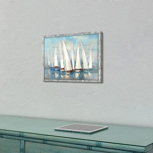 Vista 6 de Pintura enmarcada de paisaje marino: arte abstracto del océano, imagen costera, impresiones de veleros en madera en estilo moderno para decoración