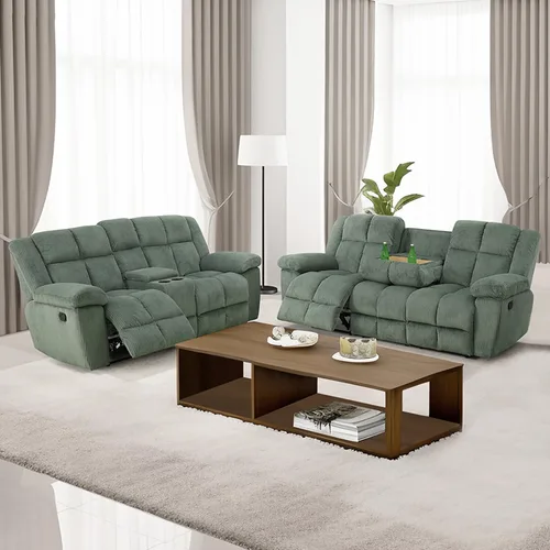 Vista 8 de Juego de sofá reclinable para muebles de sala de estar, juego de sofá y silla reclinable de pana verde, tela manual, sofá reclinable de 3 plazas