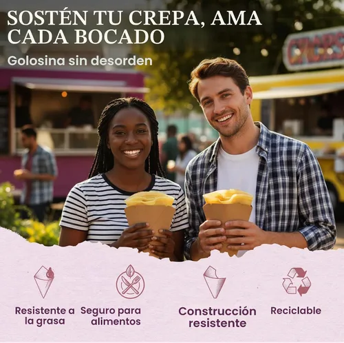 Vista 2 de Friteshop Eco Brown - Envolturas de crepé japonesas, conos desechables seguros para alimentos para crepes, postres, recipientes de papel resistentes