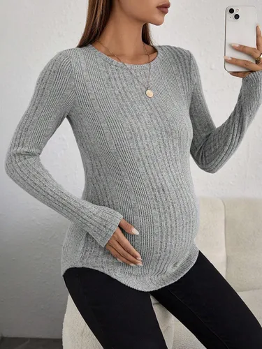 Vista 4 de MakeMeChic Camiseta asimétrica de punto de manga larga con cuello redondo para mujer