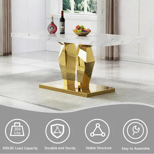 Vista 6 de Juego de 5 mesas de comedor de mármol sintético, juego de mesa de cocina y comedor para 4, mesa de comedor rectangular blanca de 70 pulgadas