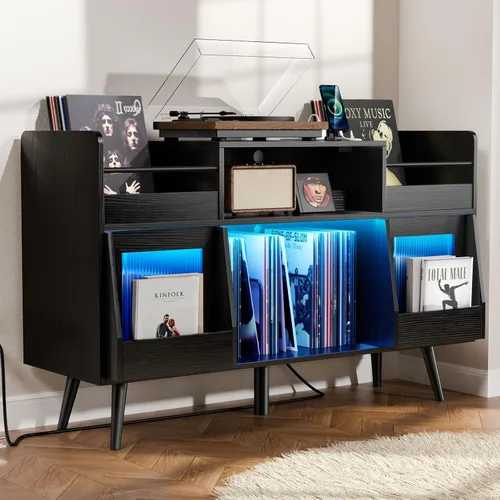 Vista 9 de Soporte grande para tocadiscos con puerta corredera, gabinete de almacenamiento para 350 discos de vinilo, mesa para tocadiscos con toma