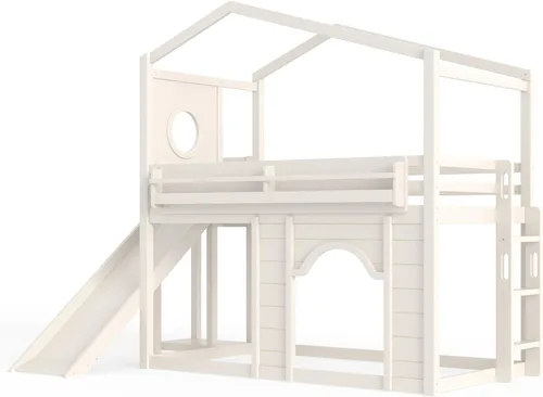 Vista 7 de Harper & Bright Designs Cama tipo loft para niños, tamaño individual, con armario y puerta arqueada, litera de casa con tobogán y estanterías
