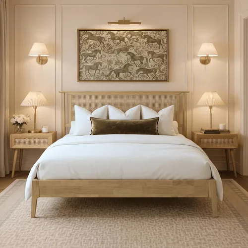 Vista 11 de NTC Marco de Cama de Madera Ruby con Cabecero y Ratán Natural, Base de Madera Sólida de Roble/Caucho con Listones Silenciosos, Capacidad de 1000