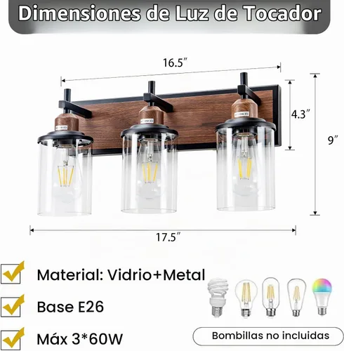 Vista 3 de Lanhall Lámpara de baño de 3 luces, estilo granja, vintage, sobre espejo, de metal pintado en madera y negro con pantalla de cristal, enchufe E26