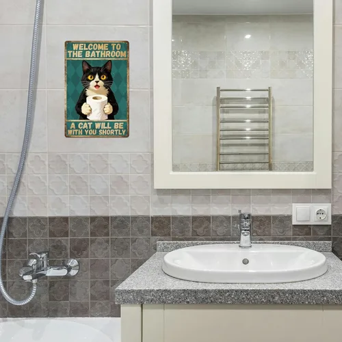Vista 6 de GLOBLELAND Bathroom Black Cat Metal Tin Sign 8x12 inch "Welcome to the Bathroom" Funny Vintage Painting Tin Signs Wall Poster Plaque for Toilet Room