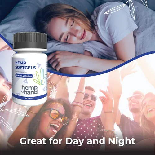 Vista 4 de Cápsulas blandas de cáñamo de 300 mg – Fuerza máxima para adultos – Enfriamiento, inflamación, dolor natural, sueño reparador – por Hemp and Hand