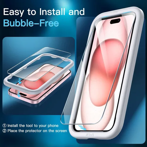 Vista 4 de JETech Protector de pantalla para iPhone 15 de 6.1 pulgadas con protector de lente de cámara, sin burbujas, herramienta de fácil instalación