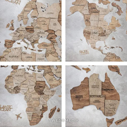 Vista 6 de AWESOMETIK TERRA - Mapa del mundo de madera 3D, mapa del mundo de fácil instalación con cinta de doble cara, incluye complementos, madera