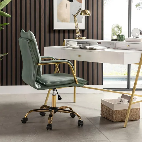 Vista 8 de HULALA HOME Silla de escritorio de piel sintética para oficina en casa, silla giratoria ajustable para computadora con patas y brazos dorados, silla