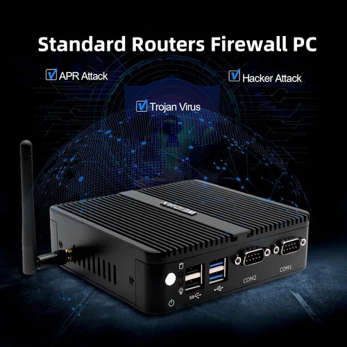 Vista 9 de WEIDIAN Mini PC sin ventilador, PC industrial, mini computadora J5005(hasta 2.8 GHz), salida de pantalla dual 4K HD+VGA, 2 Gigabit Ethernet, 4USB