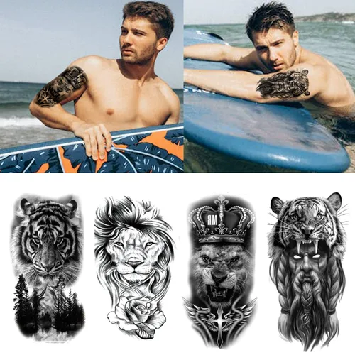 Vista 7 de Tatuajes temporales de animales, 15 hojas de tigre negro león lobo tótem adulto tatuajes temporales, tatuajes falsos hombres