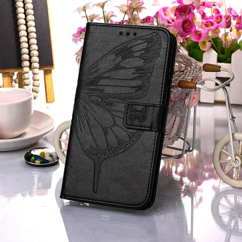 Vista 6 de Funda tipo cartera para iPhone 6/6S/7/8/SE 2022/SE 2020 (negro) Butterfly Floral Embossed Pattern, Wrist Strap, PU Leather, Card Holder Slots