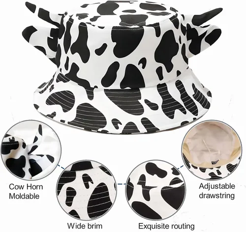 Vista 4 de Sombrero de pescador con estampado de vaca con orejas de cuerno lindas con estampado de vaca, sombrero de sol de playa de verano, sombrero