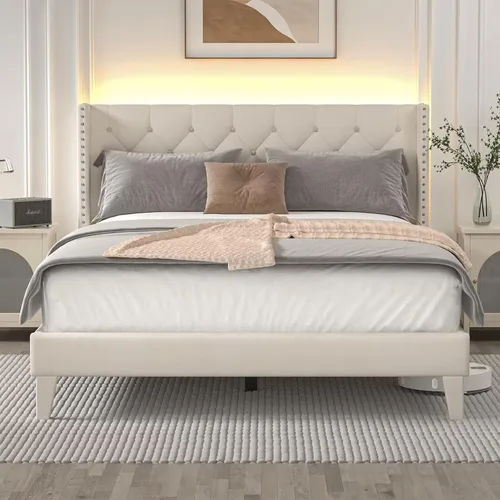 Vista 10 de DOGIBIXO Marco de cama tamaño completo con luces LED, marco de cama tapizado con cabecera de respaldo alado capitonada de diamante, soporte