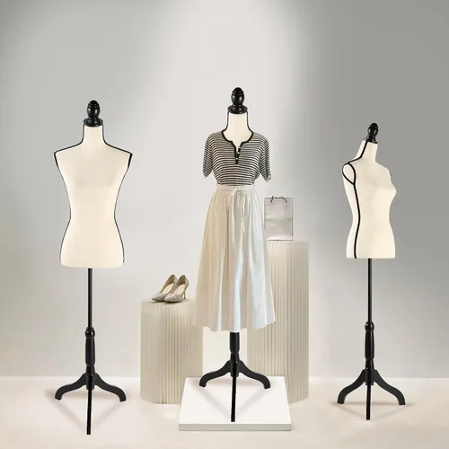 Vista 2 de Forma de vestido femenino, cuerpo de maniquí de costura, cuerpo de torso con base de madera de trípode para exhibición de ropa, exhibición de ventana