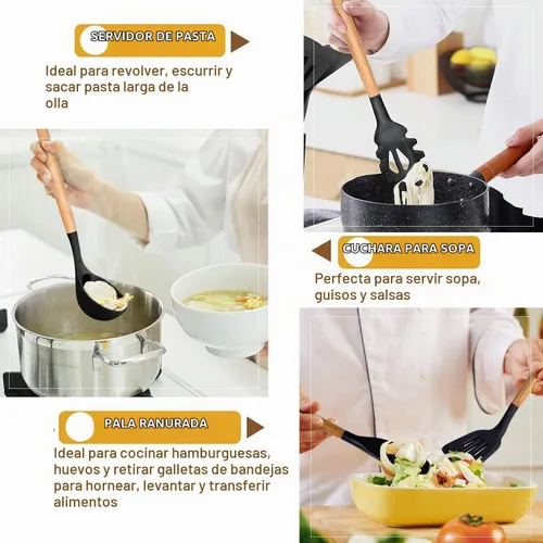 Vista 4 de Juego de 3 utensilios de cocina de silicona, espátula/espátula, cucharas con mango de madera, resistentes al calor, utensilios de cocina