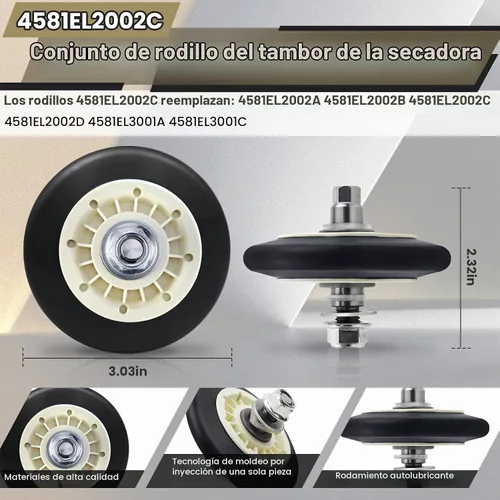 Vista 2 de Kit de rodillo de secadora mejorado para piezas de secadora LG Kenmore, el kit de reparación de secadora incluye rodillos de secadora 4581EL2002L