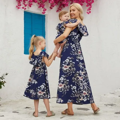 Vista 3 de PopReal - Vestidos con estampado floral a juego para madre e hija, de gasa, con volantes, manga corta, para la playa, con diadema, con tira de tela