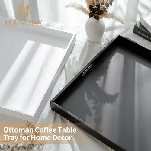 Vista 8 de Hanobe - Bandeja Otomana para Sala de Estar: Moderna Bandeja de Servir Extra Grande Negra Decorativa con Asas de Recorte para Mesa de Café