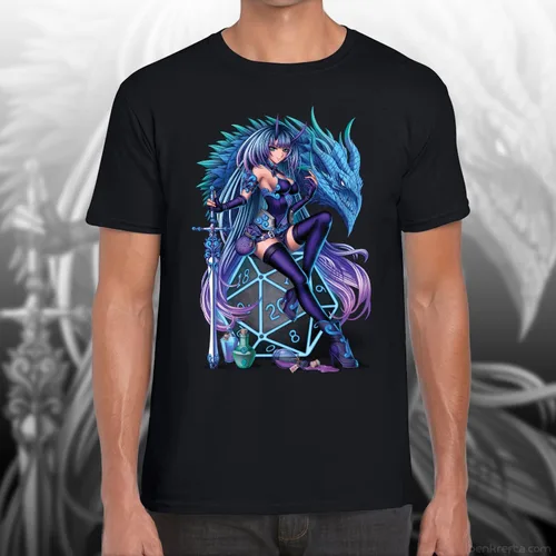 Vista 8 de Camiseta inspirada en Calabozos y Dragones Anime Girl- Camiseta exclusiva de manga corta RPG Gamer - Negro, Gris Blanco
