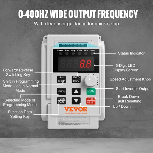 Vista 3 de VEVOR VFD 3HP, 2.2KW, 10A, Entrada 1 Fase 220V-240V a Salida 3 Fases 220V-240V Unidad de Frecuencia Variable, VFD 0-400Hz para Control de Velocidad