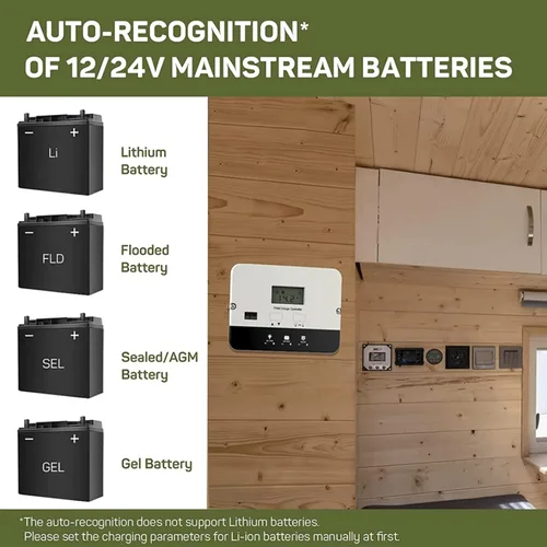 Vista 3 de HQST controlador de carga solar PWM, controlador de batería de panel solar de 20A con montaje empotrado, regulador inteligente automático de 12/24V