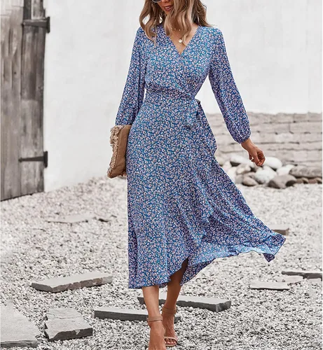 Vista 4 de GOTOTOP Women Round Neck Dress Casual Ruffle Sleeve Dress A Line ShortLong Dress for Ladies Party