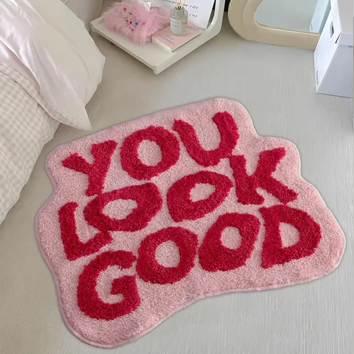 Vista 18 de Alfombra de baño negra con texto en inglés "You Look Good", alfombra de baño divertida, bonita, antideslizante, de microfibra, de felpa, pequeña