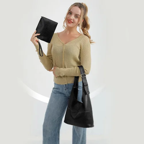 Vista 3 de Montana West Hobo Purse for Women, Vegan Leather Shoulder Bag with Wristlet clásico-negro