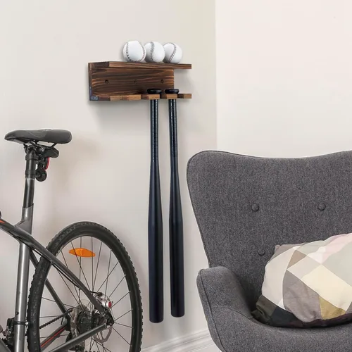 Vista 3 de MyGift Soporte de madera para bate de béisbol y estante de exhibición de bolas, estantes flotantes de recuerdos deportivos montados en la pared