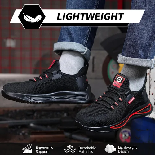 Vista 4 de GLANOUDUN Zapatos de punta de acero para hombre, zapatos de trabajo ligeros para hombres, zapatos de trabajo negros con punta de acero, zapatos