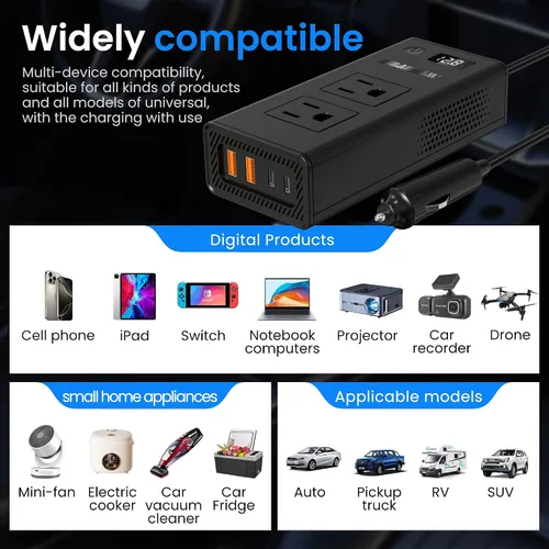 Vista 5 de Convertidor de voltaje de automóvil de 300 W, inversor de CC de 12 V a CA, puertos de 110 V, cargador de coche de carga rápida con enchufe
