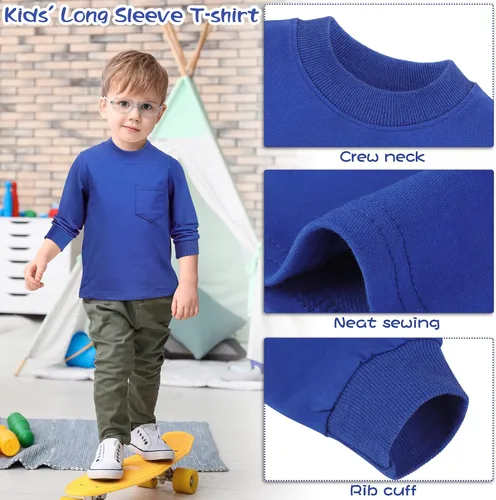 Vista 5 de Cooraby Paquete de 4 camisetas térmicas de manga larga para niños pequeños, de algodón, con bolsillo, cuello redondo