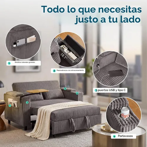 Vista 5 de LINSY HOME Sofá cama extraíble 3 en 1, sofá cama convertible de 58 pulgadas para sala de estar, mesa giratoria de 360°, reposabrazos de Gris