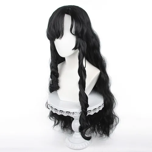 Vista 3 de Peluca para cosplay, disfraz de anime, pelo largo, cabello ondulado negro con flequillo y para mujer, fiesta familiar de Halloween Isolda