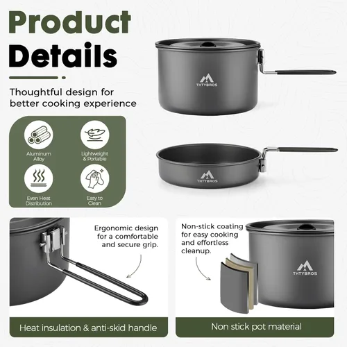 Vista 3 de THTYBROS Camping Cookware Set 3.3L Pot 1.4L Pan Hard Anodized Aluminum