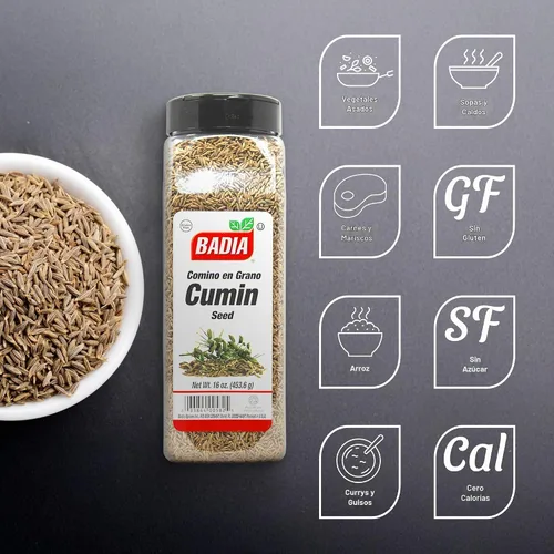 Vista 2 de Badia Semillas de comino, 16 onzas, semillas de comino enteras, sabor aromático para cocinar, mezclas de especias y condimentos Warm, aromatic