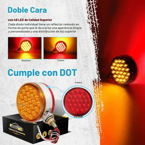 Vista 2 de Partsam 2 luces reflectantes redondas de doble cara de 4 pulgadas con montaje en perno prisionero rojo perla/ámbar, 48 luces LED reflectantes