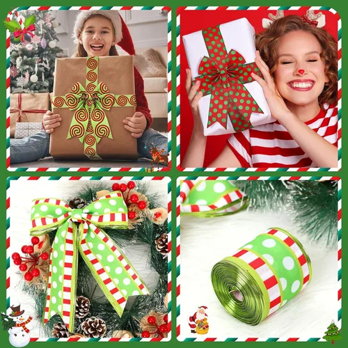Vista 3 de 3 rollos de cinta de Navidad con alambre de 30 yardas, cinta de envoltura de Navidad roja y verde lima, 2.56 pulgadas de ancho, cintas de tela