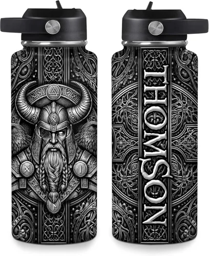 Vista 9 de Hyturtle Botella de agua vikingo personalizada, botella de acero inoxidable aislada de viaje con tapa a prueba de fugas, 18 onzas, 32 onzas, regalos