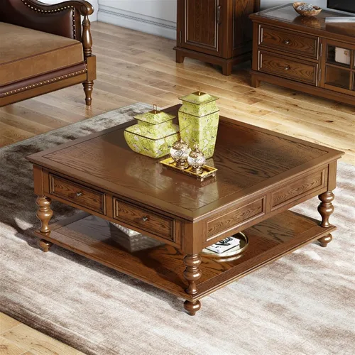 Vista 8 de Mesa de té para sala de estar, mesa de centro vintage de campo, mesa de centro cuadrada de madera de 43.3 pulgadas, mesa central con cajones