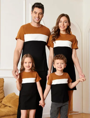 Vista 3 de PATPAT Trajes familiares a juego para mamá y yo, conjuntos a juego, manga corta, cuello redondo, vestido de camisa midi