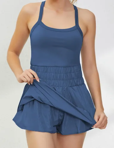 Vista 2 de MISSACTIVER Vestido de tenis para mujer, vestido de entrenamiento con pantalones cortos incorporados, sin mangas, entrecruzado, sin espalda, mini