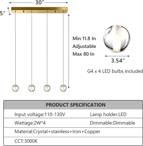 Vista 4 de Lámparas colgantes de oro cepillado de 4 luces para isla de cocina moderna, lámparas colgantes de globo de cristal para comedor sobre mesa, lámparas